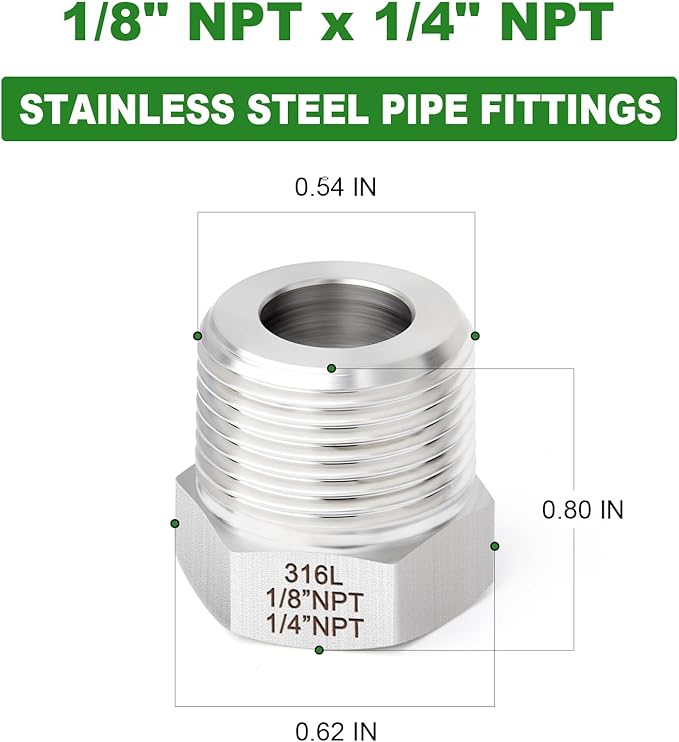 TAISHER 5PCS Forging of 316L Stainless Steel Reducer Hex Bushing, 1/4" Male NPT to 1/8" Female NPT, Reducing Forging Pipe Adapter Fitting