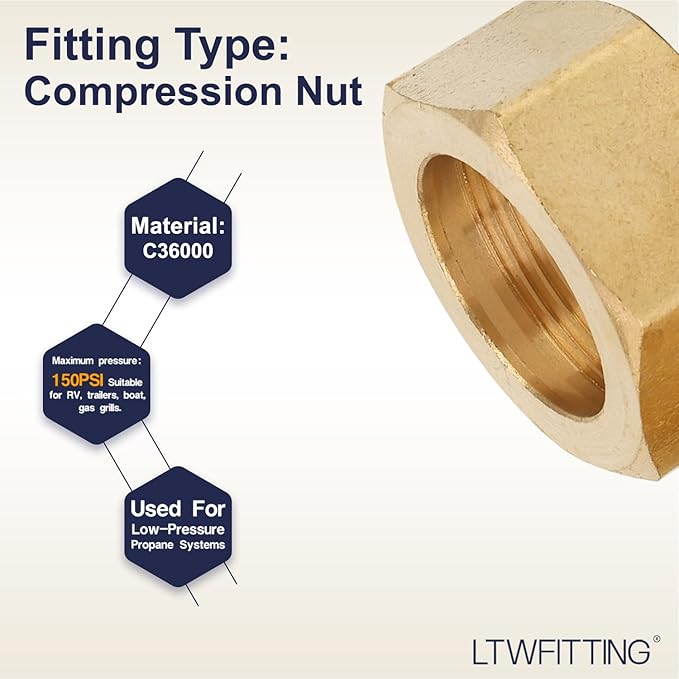 LTWFITTING 7/8-Inch Brass Compression Nut,Brass Compression Fitting(Pack of 10)