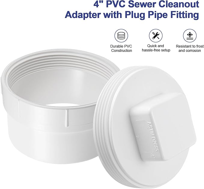 KIBBEH 4" PVC Sewer Cleanout Adapter with Plug Pipe Fitting, PVC DWV Flush Sewer Cleanout Cap, For Use With 4-Inch Sewer and Drain Pipe