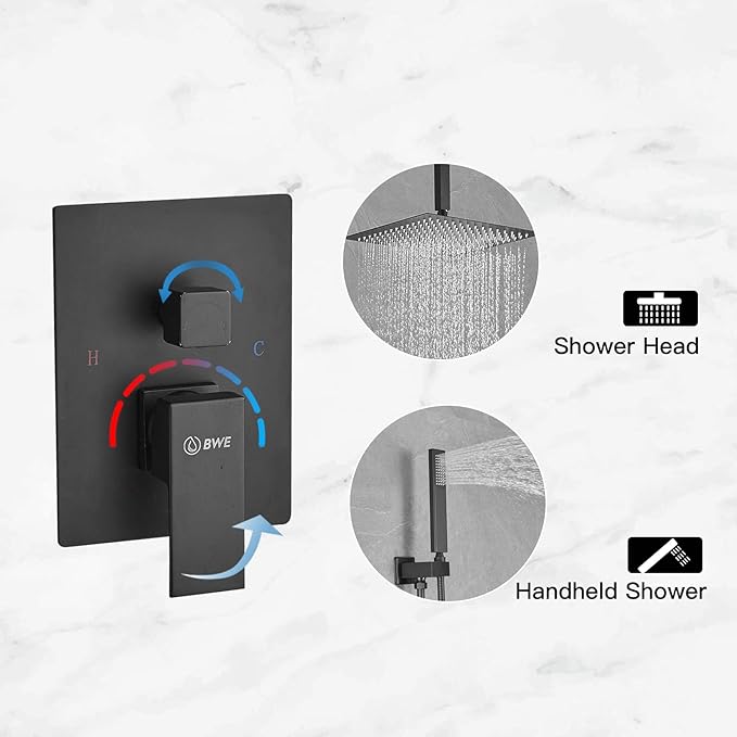 BWE Black Shower Faucet 16 Inch Square Luxury Rain Mixer Shower System Sets Complete 2-Functions Pressure Balancing Ceiling Mount Rainfall Rough-in Valve Body and Trim Included