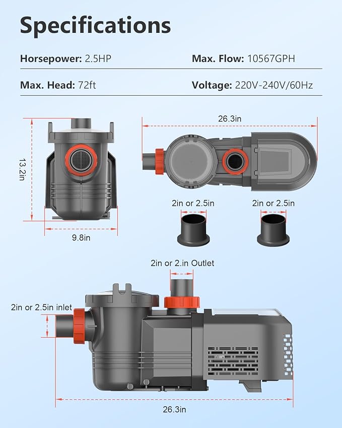 Variable Speed Pool Pump, 2.5HP Inground/Above Ground Pool Pump, 220V-240V, High Flow 10567GPH Energy-Efficient Self Priming Swimming Pool Pumps with Filter Basket and Cover