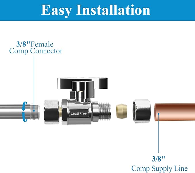 WiseWater Straight Stop Valve 3/8"FIM x 3/8" Compression, 1/4 Turn Chrome Plated Brass Shut Off Valve for Sink, Ice Maker, RV Water Line (10-Pack)
