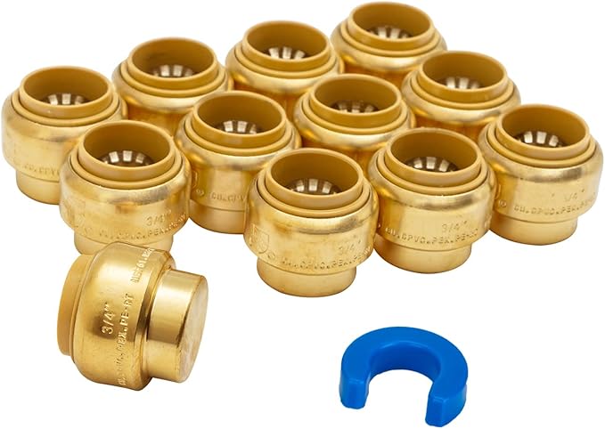 SUNGATOR 12-Pack Push Fit End Cap, 3/4-Inch Push-to-Connect, No Lead Brass Plumbing Fittings for PEX, Copper, CPVC, Disconnect Clip Include
