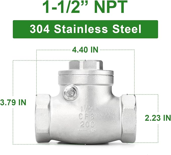 TAISHER 1PCS 304 Stainless Steel 1-1/2" NPT Female Swing Check Valve，Backflow Prevention, One Way Check Valve CF8 WOG 1000