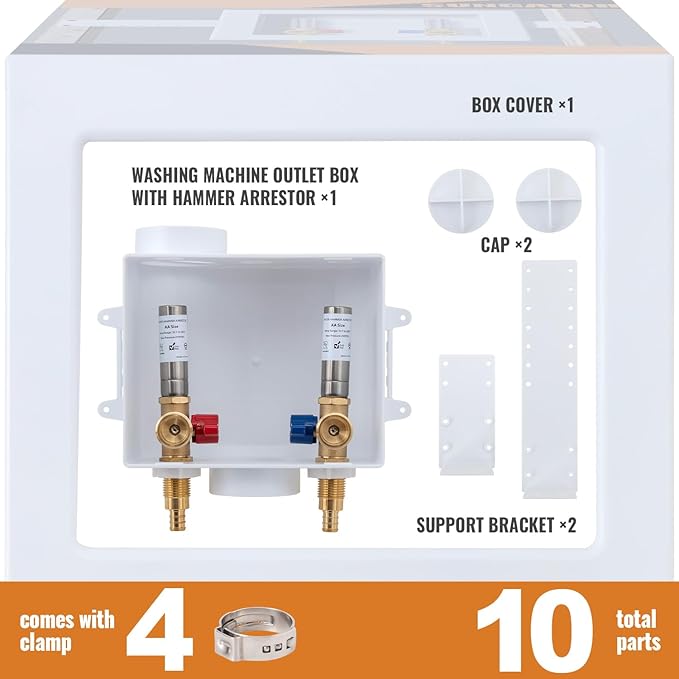 SUNGATOR Washing Machine Laundry Outlet Box, Washer Water Valve Wall Box with Center Drain, 1/2 Inch Pex Crimp Inlet x 3/4 Inch MHT Outlet, with Stainless Steel Water Hammer Arrestor and 4 Crimp Rings
