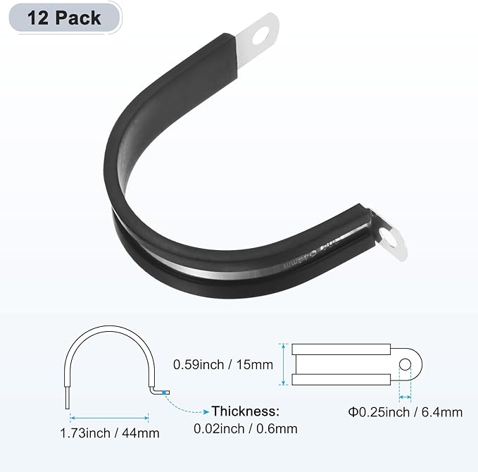 12-Pack Cable Clamps, 1-23/32 inch/ 44 mm 304 Stainless Steel Rubber Cushioned Insulated Cable Clamp R Shape Metal Holder for Tube/Wire/Pipe/Loop Installation