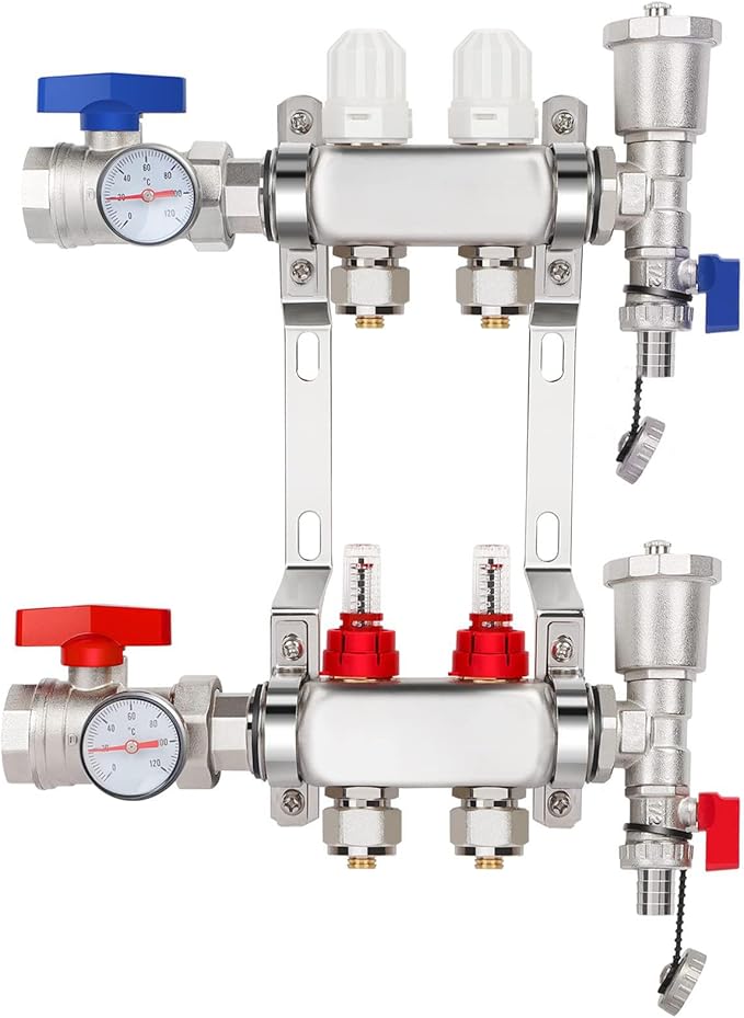 2-Branch PEX/Radiant Heat Manifold，1/2" PEX Tubing Manifold,304 Stainless Steel Floor Heat Manifold Kit with 1/2" Adapters Included for Hydronic Radiant Floor Heating (2-Loop)