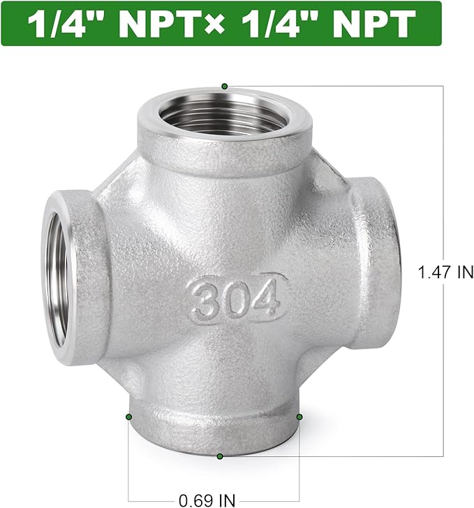 TAISHER 5PCS Stainless Steel 4 Way Pipe Fittings, 1/4" x 1/4" x 1/4" x 1/4" NPT Female Pipe Fittings