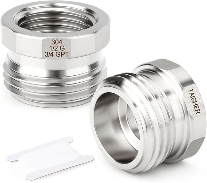 TAISHER 2PCS 304 Stainless Steel Garden Hose Adapter, Hex Bushing 3/4" GHT Male x 1/2" BSP Female Garden Hose Connector