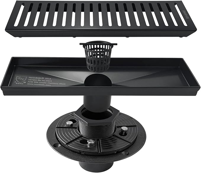 Neodrain 12-Inch Linear Shower Drain with Removable Capsule Pattern Grate, Black Color with Shower Drain Base,304 Stainless Steel Shower Floor Drain, with Hair Strainer