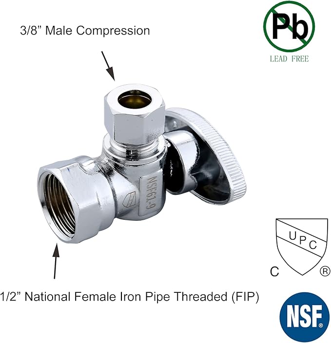 (2-Pack) Cyrret Angle Stop Shut off Valve 1/4 Quarter Turn 1/2-Inch FIP Inlet X 3/8-Inch OD Outlet, No Lead Brass Chromed, CUPC NSF AB1953 Approved