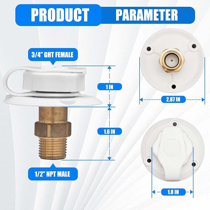 RV City Water Inlet with Check Valve - 3/4'' NH Female to 1/2" NPT Male, RV City Water Inlet for Camper, Trailer and Marine (White)
