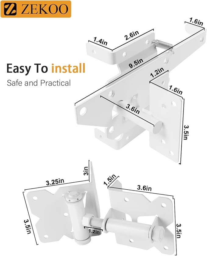 ZEKOO Stainless Steel Gate Hardware Kit, Self Closing Gate Hinges and Latch, Rust Proof, Use for Vinyl Fence Gate and Wood Fences Gate, Heavy Duty 2 Gate Latches 4 Gate Hinges (White)