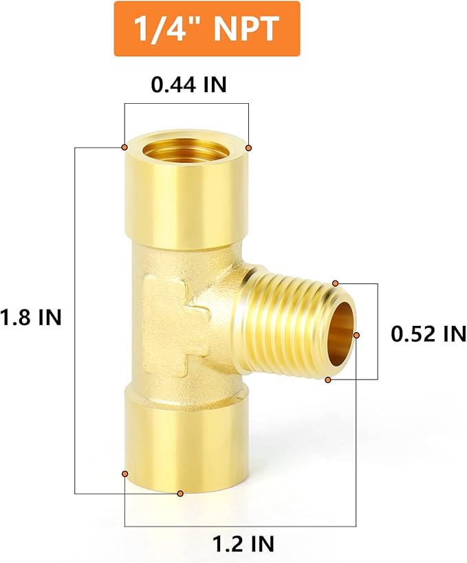 GASHER 5PCS Brass 3 Way Pipe Fitting Male Branch Tee T Adapter 1/4" NPT Female x 1/4" NPT Male x 1/4" NPT Female