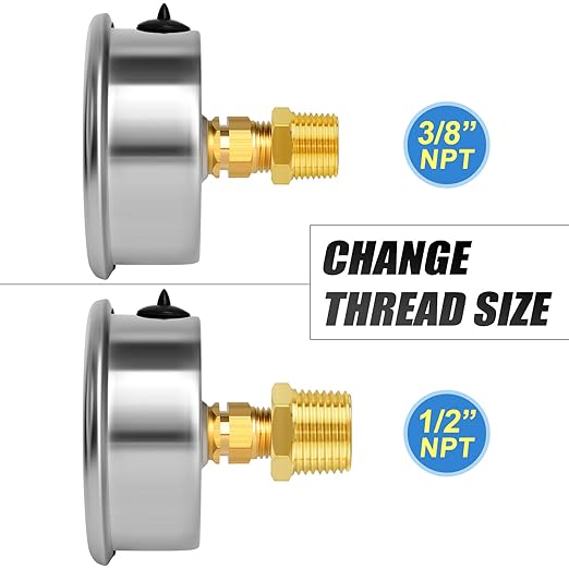 MEANLIN MEASURE 0~100Psi Stainless Steel 1/4" NPT 2.5" FACE DIAL Liquid Filled Pressure Gauge WOG Water Oil Air Center Back Mount, with 1/2" NPT and 3/8" NPT Hex Bushing