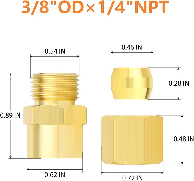GASHER 10PCS Brass Compression Union Tube Pipe Fitting Connector, 3/8" Tube OD x 1/4" NPT Female Connector
