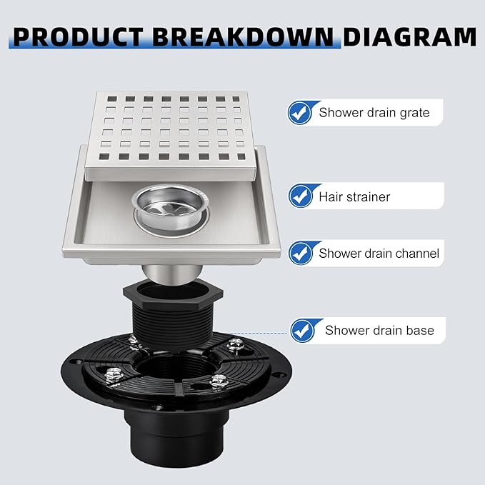morefine Square Shower Drain with Flange, Shower Drain 6 inch with Removable Grate Cover, SUS 304 Stainless Steel, Brushed Nickel
