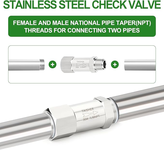 TAISHER 1PCS 304 Stainless Steel 1/8" NPT Male x 1/8" NPT Female Check Valve,Backflow Prevention,One Way Non-Return Check Valves