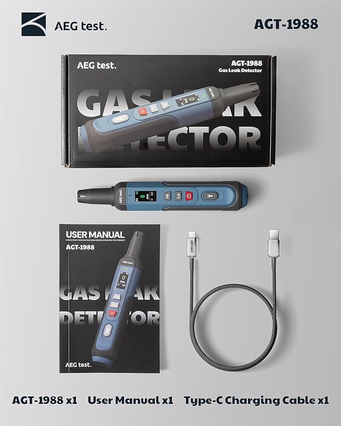 AGT-1988 Rechargeable Natural Gas Detector, Gas Leak Detector with TFT Display, 0.5s Response, 0–9999PPM Range, Portable for Detecting Combustible Leaks Like Propane, Methane for Home & RV
