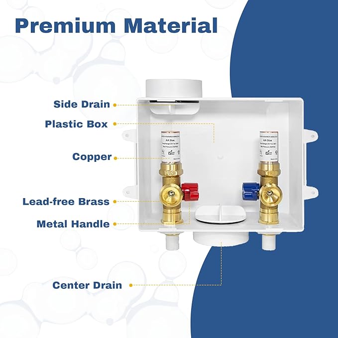 1-PACK GUOFIS Washing Machine Outlet Box with Copper Water Hammer Arrestor, PEX Laundry Washer Box with Central and Side Drain Design(1/2"CPVC Connection Inlet X 3/4"MHT Outlet)(WM014)