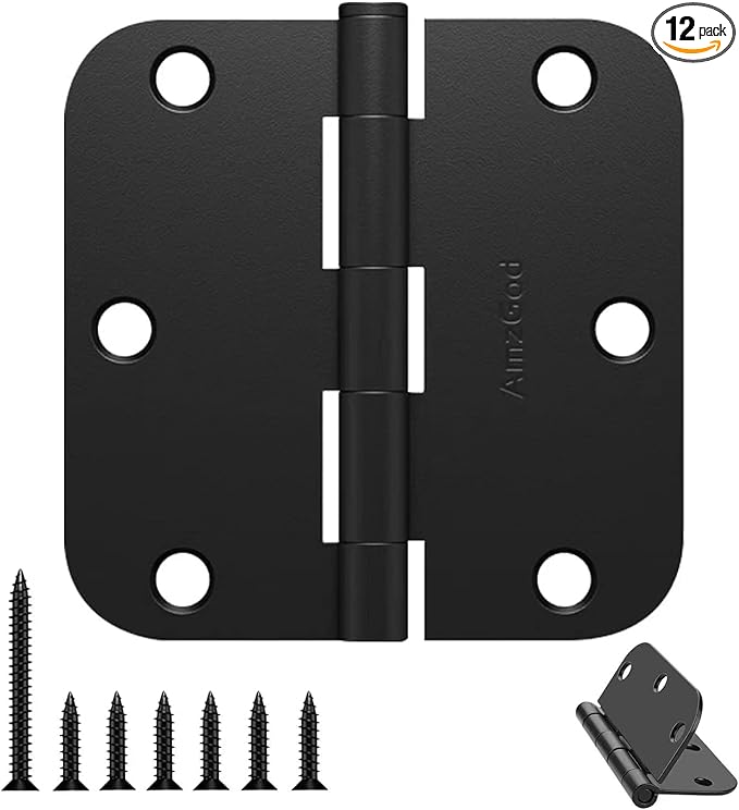 Door Hinges Matte Black - 12 Pack Black Door Hinges 3.5 Inch Rounded Interior Door Hinge with 5/8" Radius Corners - Black Hinges for Doors 3 1/2 Inches Flat Iron Residential Door Hardware