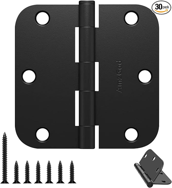 Door Hinges Matte Black - 30 Pack Black Door Hinges 3.5 Inch Rounded Interior Door Hinge with 5/8" Radius Corners - Black Hinges for Doors 3 1/2 Inches Flat Iron Residential Door Hardware