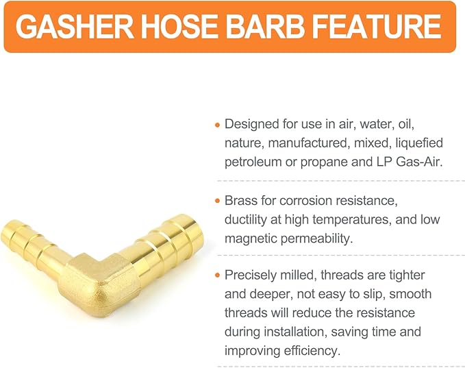 GASHER 2 Pieces Brass Hose Barb Reducer, 3/8 Inch to 1/4 Inch Barb Hose ID 90 Degree L Right Angle Elbow with 4 Hose Clamps, Brass Barb Reducer SPLICER Fitting Fuel/AIR/Water/Oil/Gas/WOG