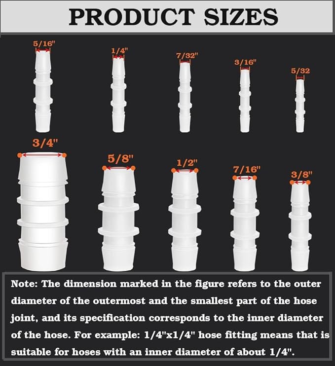 50Pcs Plastic Hose Barb Fittings Assortment, 10 Sizes of Equal Barbed Hose Pipe Fitting Connector Adapter Union Splicer Joint for Air Gas Water Liquid Fuel Line Catheter Tube Pump Adapters