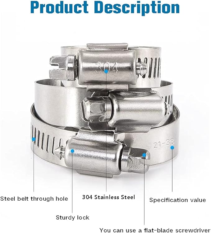 Hose Clamp, 25 Pack Stainless Steel Worm Gear fuel line hose clamps, 10-16mm (3/8-5/8 inch)