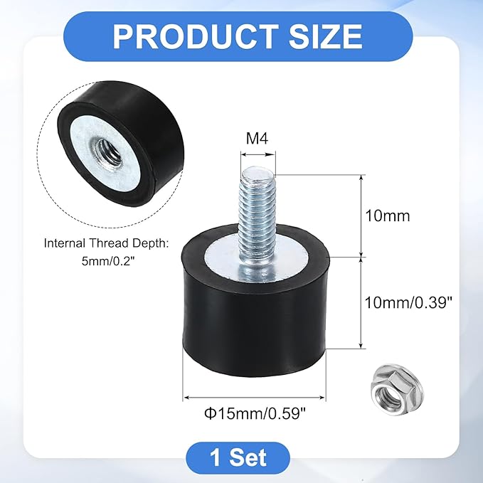 uxcell M4 Rubber Mounts, 1Pcs 15x10mm(DxH) Rubber Cylindrical Anti Vibration Isolator Shock Absorber with Lock Nut for Car Bobbin Generator Air Compressors