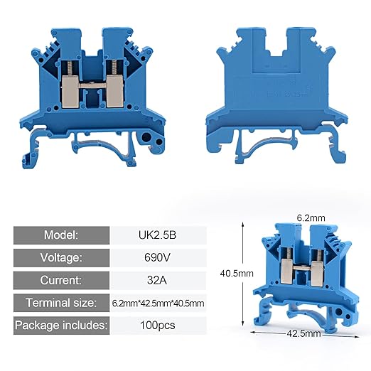 Blue UK-2.5B Rail Type Terminal Block Voltage and Current Safety Ground Terminal Block 800V 32A 2.5 Square mm 100 Pack
