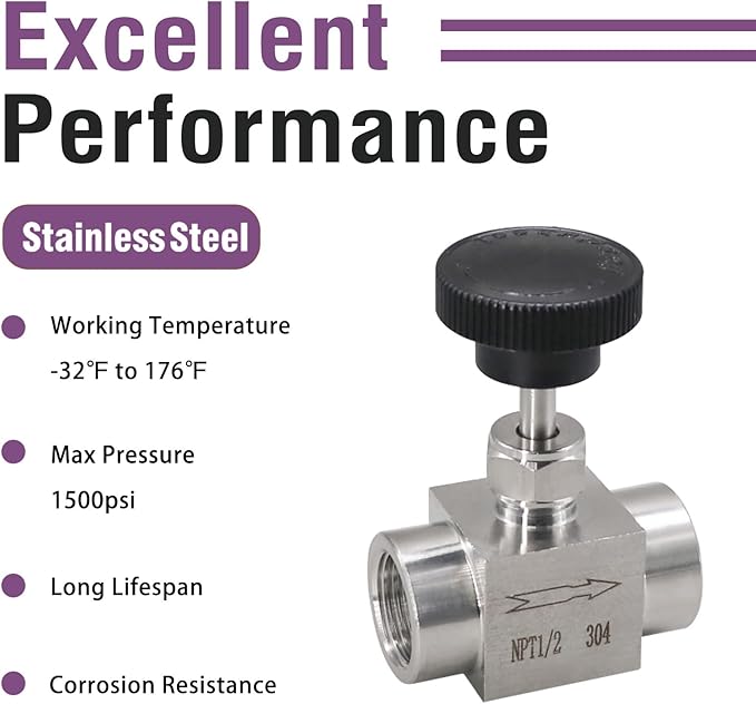 Stainless Steel Needle Valve NPT 1/2 Female Micro Flow Control Valve for Water/Oil/Gas, 1PC