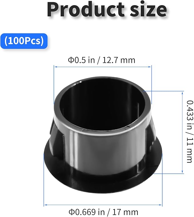 100 Pcs OD 0.5"(12.7mm) Black Hole Knockout Locking Plugs,Plastic Nylon Round Drilling Hole Plugs,Flush Type Panel Round Snap in Fastener,Tube Fastener Cover for Furniture Insert End Caps
