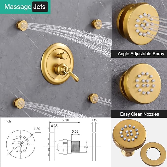 Brushed-Gold Antique Shower System with Jets: 9 inch Rain Faucet Sets Complete Wall Rainfall Head and Handheld Spray Fixtures Combo, 3 Way Diverter Brass Rough in Valve Trim Kit