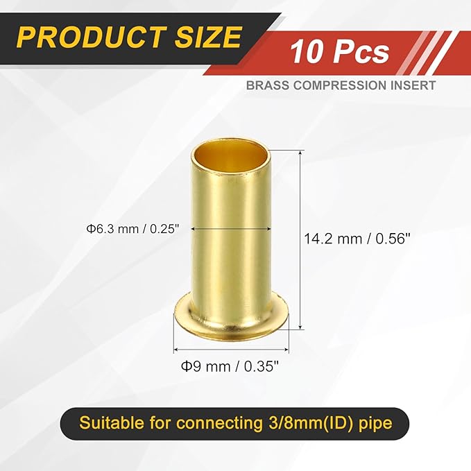 uxcell 10Pcs Fit for 6.3mm(1/4") Tube ID Brass Compression Fitting, Insert Tube Support Compression Sleeve Fitting, Sleeve Ferrules for Water Oil Air Pipe