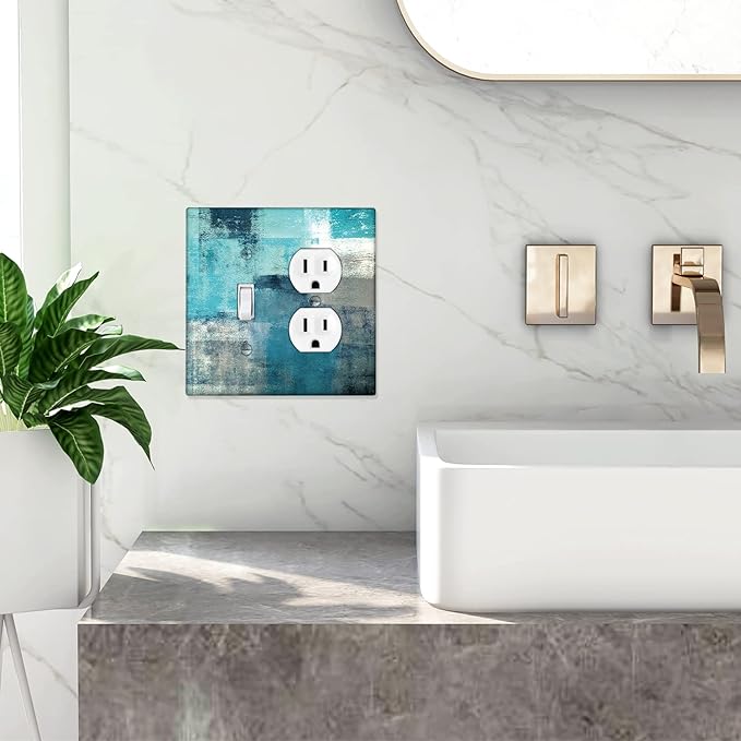 Turquoise Grey Light Switch Cover 2 Gang Outlet/Toggle Decorative Wall Switch Plates Abstract Art Wallplates Outlets Cover for Kitchen Bedroom Decor