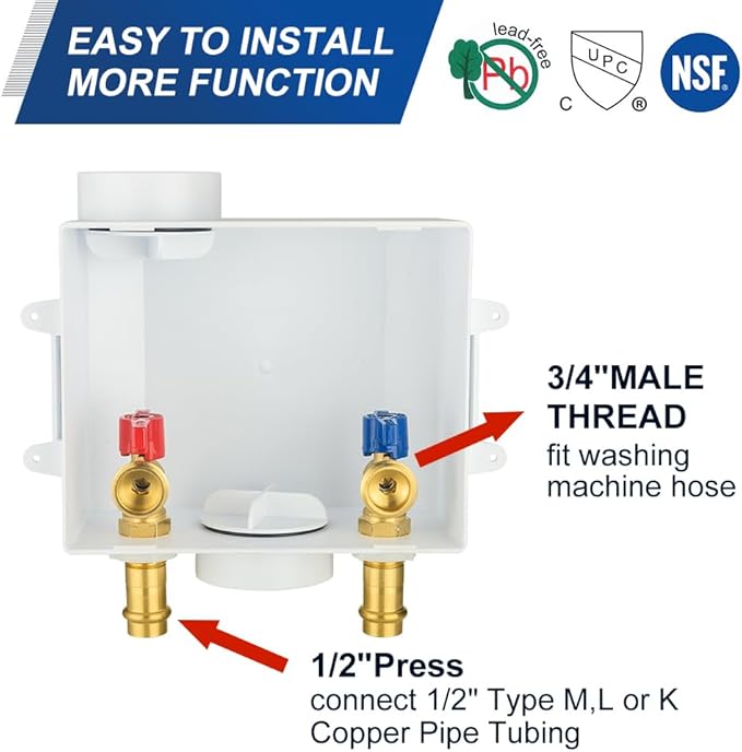 EFIELD Washing Machine Outlet Box, 1/2-inch Copper Press Inlet with Center Drain, White,(WM055)