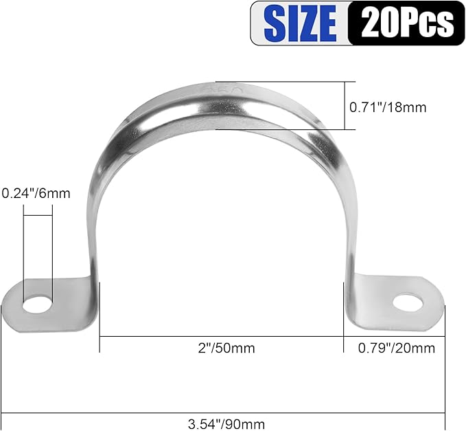20Pcs 2 Inch Stainless Steel Conduit Clamps, 2 Hole Strap U Bracket Rigid Pipe Strap, Tension Clips U-Tube Clamp for Pipe Fixing on Various Surfaces