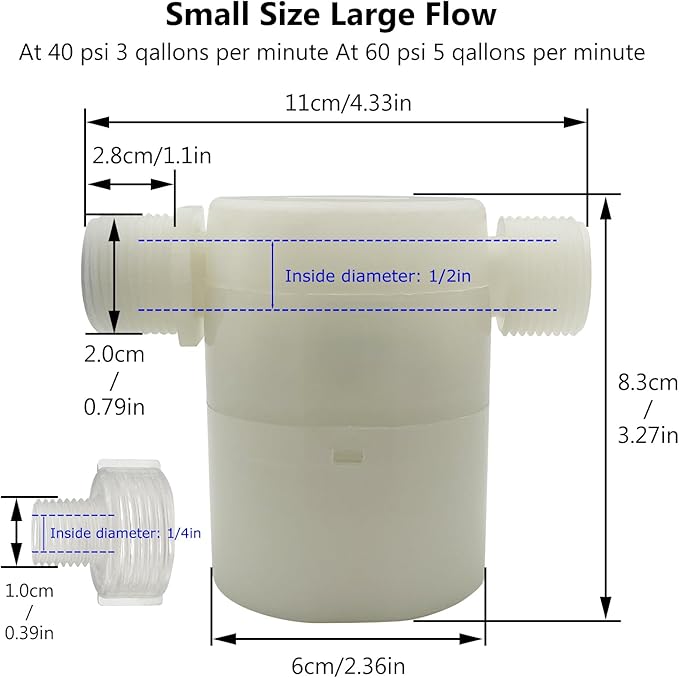 Water Float Valve, Water Level Control Water Tank Traditional Float Valve Upgrade 2 PCS (side inlet, 1/2" to 1/4")
