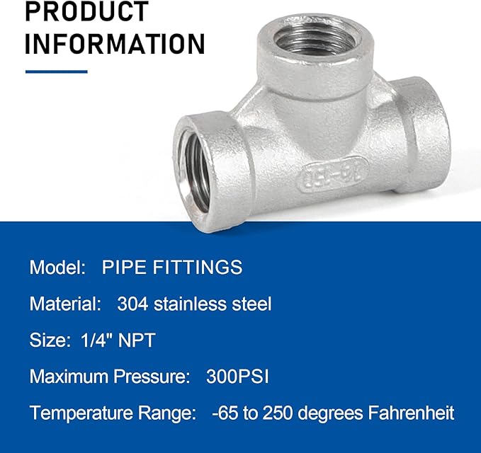 Kodilin Pipe Fittings 304 Stainless Steel Tee Pipe Fittings 1/4" x 1/4" x 1/4" NPT Female Thread Adapter - 4PCS