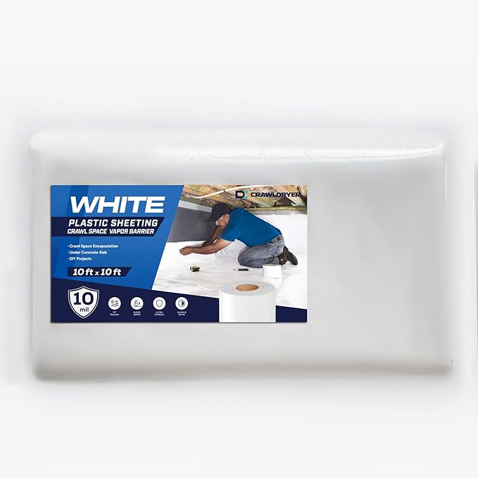 White Crawl Space Vapor Barrier, 10 Mil Vapor Barrier, 10' x 10', White Thick Plastic Sheeting, Heavy Duty Polyethylene Film, White Plastic Drop Cloth Covering for Crawlspace, Basement