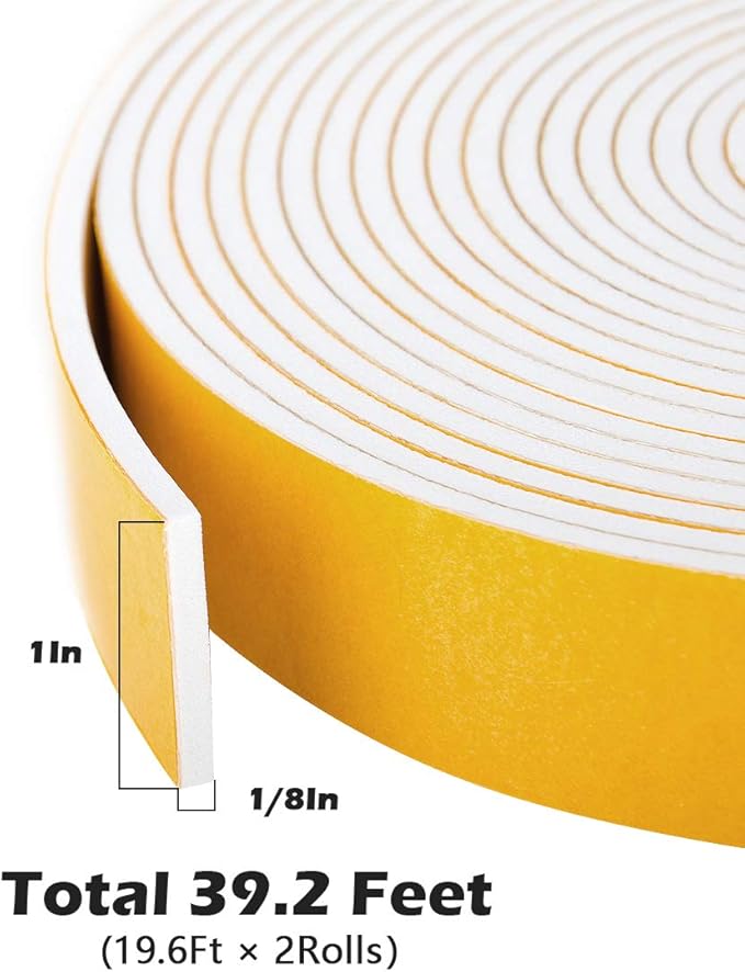 White Foam Sealing Weather Stripping Window Seal Door Frame Insulation Closed Cell High Density Wide Adhesive Foam Tape, 1" Wide X 1/8" Thick, 19.6 Ft X 2 Rolls, Total 39.2 Feet