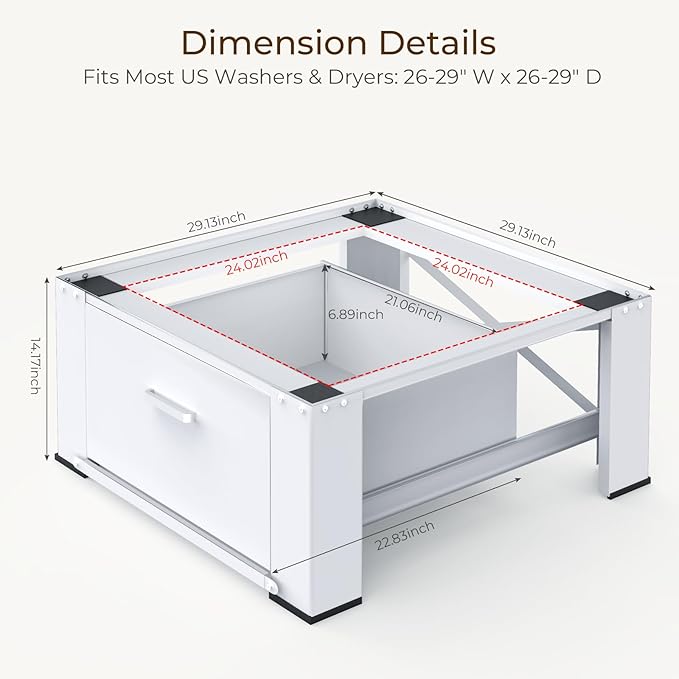 SKM 29" Washer & Dryer Pedestals with Drawer - 2 Pack Laundry Stand Raiser, 14.3" Height, Steel Construction, White