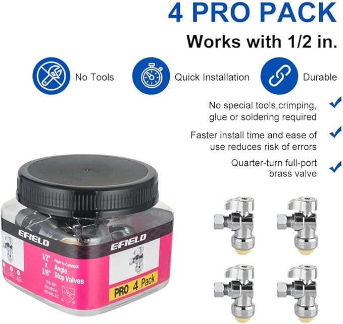Pro 4-Pack EFIELD Push Fit 1/4 Turn Angle Stop Valve,1/2 Push Fit x 3/8 Inch Compression, Chrome Plated LF Brass, Heavy Duty With Disconnect Clip,(PF-VALVE082)