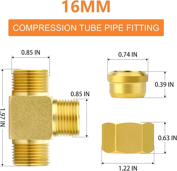 GASHER 2PCS Brass Compression Tube Pipe Fitting Connector, Tee，16mm x 16mm x 16mm Tube OD Connector