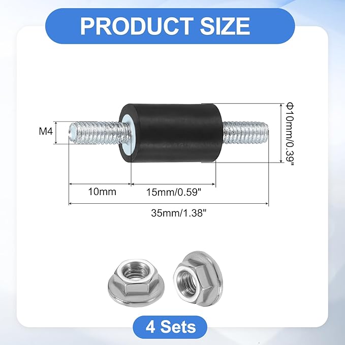 uxcell 4Pcs M4 x 10mm Rubber Mounts, 15 x 10mm Cylindrical Anti Vibration Isolator Studs Shock Absorber Double Studs with Nuts for Car Bobbin Generator Air Compressors