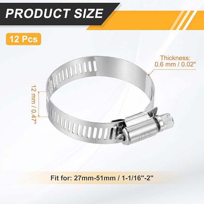 HARFINGTON 12 Pcs Hose Clamp 1-1/16"-2" (27-51mm) 304 Stainless Steel Adjustable Worm Gear Hose Clamp Assortment Kit for Fuel Line Pipe Plumbing Automotive Tube Mechanical