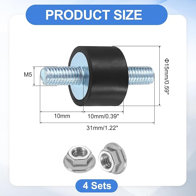 uxcell 4Pcs M5 x 10mm Rubber Mounts, 10 x 15mm Cylindrical Anti Vibration Isolator Studs Shock Absorber Double Studs with Nuts for Car Bobbin Generator Air Compressors