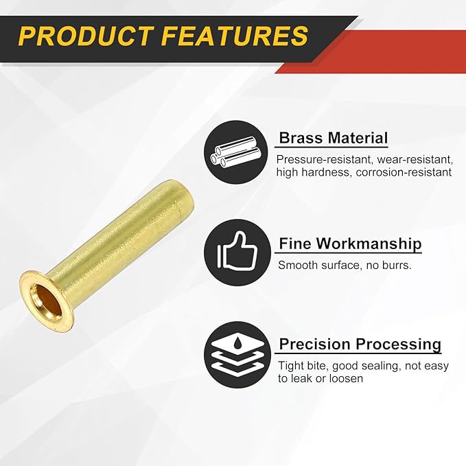 uxcell 10Pcs Fit for 3mm(1/8") Tube ID Brass Compression Fitting, Insert Tube Support Compression Sleeve Fitting, Sleeve Ferrules for Water Oil Air Pipe
