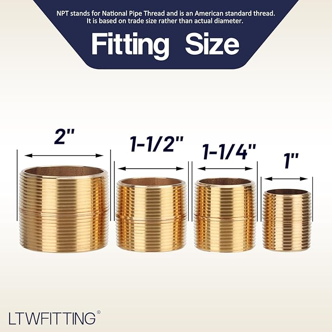 LTWFITTING Assortment Kit (1-Inch - 2-Inch) Close NPT Male Brass Pipe Close Nipple (Pack of 12)